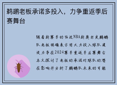 鹈鹕老板承诺多投入，力争重返季后赛舞台