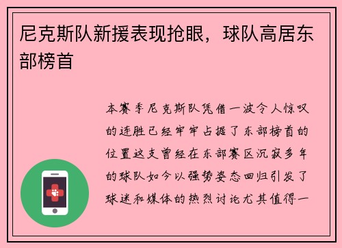 尼克斯队新援表现抢眼，球队高居东部榜首
