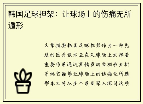 韩国足球担架：让球场上的伤痛无所遁形