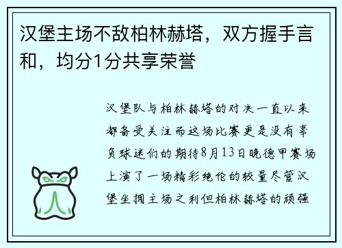 汉堡主场不敌柏林赫塔，双方握手言和，均分1分共享荣誉