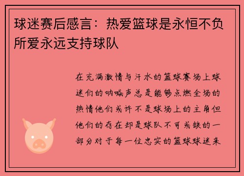 球迷赛后感言：热爱篮球是永恒不负所爱永远支持球队