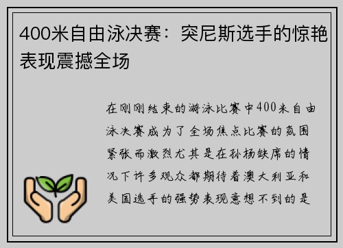 400米自由泳决赛：突尼斯选手的惊艳表现震撼全场
