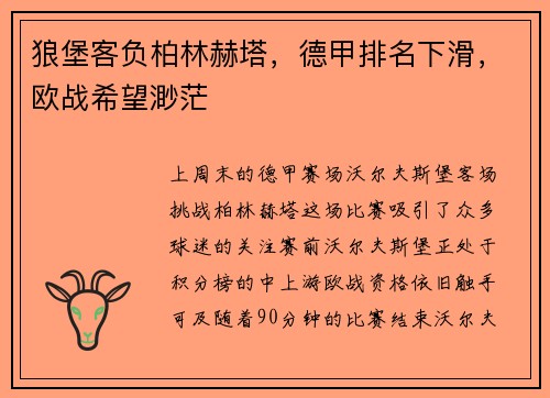 狼堡客负柏林赫塔，德甲排名下滑，欧战希望渺茫
