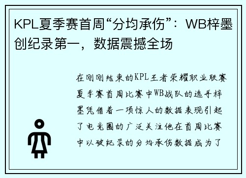 KPL夏季赛首周“分均承伤”：WB梓墨创纪录第一，数据震撼全场