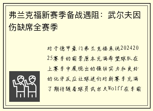 弗兰克福新赛季备战遇阻：武尔夫因伤缺席全赛季