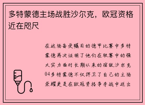 多特蒙德主场战胜沙尔克，欧冠资格近在咫尺